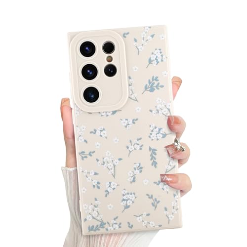 ZIYE Niedliche Silikon Hülle für Samsung Galaxy S24 Ultra Hülle Weiß Blumen Floral Handyhülle für Mädchen Frauen Elegant Aesthetic Design Voller Kameraschutz Haltbare Schutzhülle (Beige) von ZIYE