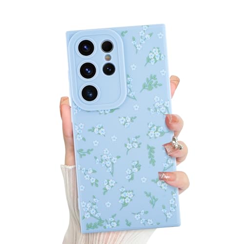 ZIYE Niedliche Silikon Hülle für Samsung Galaxy S24 Ultra Hülle Weiß Blumen Floral Handyhülle für Mädchen Frauen Elegant Aesthetic Design Voller Kameraschutz Langlebige Schutzhülle (Blau) von ZIYE