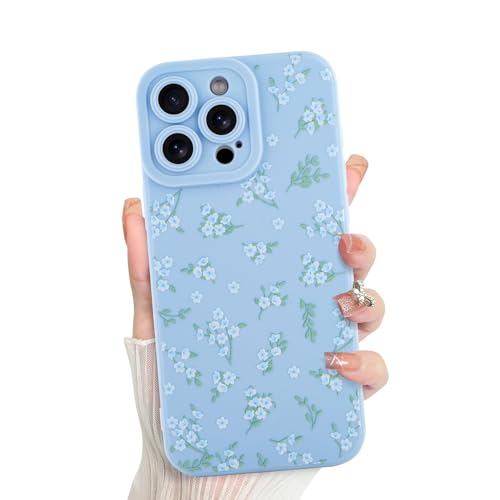 ZIYE Niedliche Silikon Hülle für iPhone 15 Pro Max Hülle Weiß Blumen Floral Handyhülle für Mädchen Frauen Elegant Aesthetic Design Voller Kameraschutz Langlebige Schutzhülle (Blau) von ZIYE