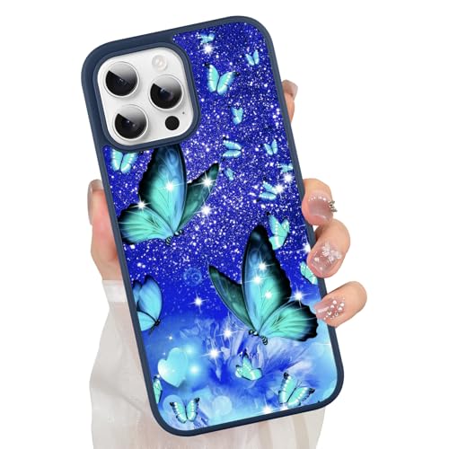 ZIYE Schmetterlings-Schutzhülle für iPhone 15 Pro Max, süßes blaues Schmetterlingsmuster-Design für Mädchen und Frauen, Fallschutz, kratzfest, stoßfest, schützende schlanke Handyhülle für iPhone 15 von ZIYE