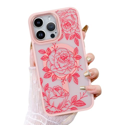 ZIYE Schutzhülle für iPhone 15 Pro Max, magnetische Hülle, niedliche rote Rose, Blumen-Design, kompatibel mit MagSafe, durchscheinend, matt, stoßfest, für Damen und Mädchen, Rosa von ZIYE