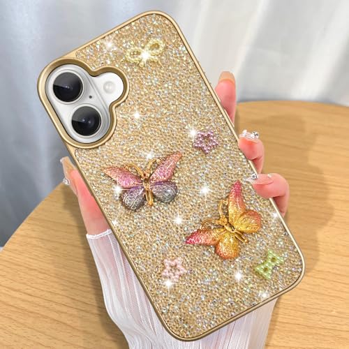 ZIYE Schutzhülle für iPhone 16, Glitzer, Diamant, glänzend, niedlich, bunt, Schmetterling, mit erhöhtem Rand, Kamera, harte Rückseite, weiches TPU, stoßfest, für Damen und Mädchen, goldfarben ZIYE Schutzhülle für iPhone 16, Glitzer, Diamant, glänzend, niedlich, bunt, Schmetterling, mit erhöhtem Rand, Kamera, harte Rückseite, weiches TPU, stoßfest, für Damen und Mädchen, goldfarben von ZIYE