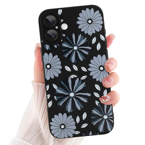 ZIYE Schutzhülle für iPhone 16 Plus, Blumenmuster, weiches, flexibles TPU-Design, Kameraschutz, bunte, niedliche schwarze Blumen, Schutzhülle für Damen und Mädchen von ZIYE