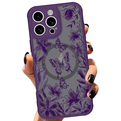 ZIYE Schutzhülle für iPhone 16 Pro Max, magnetische, matte Handyhülle [kompatibel mit MagSafe] [Schmetterlingslilienmuster-Design] schwarze Stoßstange, harte Rückseite, stoßfeste Abdeckung für Frauen von ZIYE