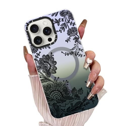 ZIYE Schwarze Blume Magnetische Hülle iPhone 14 Pro Max 6,7 Zoll [Kompatibel mit MagSafe] Schwarzes Mandala Blumenmuster Handyhülle Design Frauen Mädchen fluoreszierend durchscheinend matt 405-14pm von ZIYE