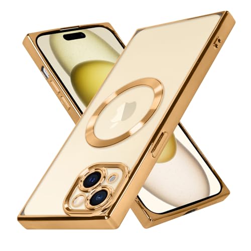 ZIYE Transparente magnetische Schutzhülle für iPhone 15 [kompatibel mit MagSafe], luxuriös, dünn, weich, stoßfest, unterstützt kabelloses Laden, Handyhülle für Frauen und Mädchen, goldfarben von ZIYE