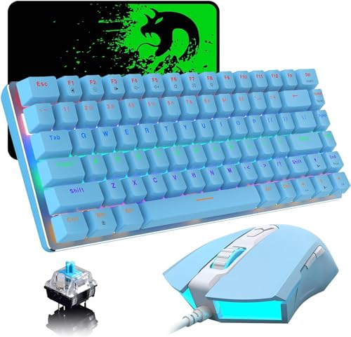 AK33 TKL 80 % Blaue Wired Mechanische Gaming-Tastatur Set, QWERTY Clicky Blue Switch, Kompakt 82 Tasten Regenbogen-LED-Backlit, 2500 DPI, 7 Tasten, RGB-backlit Maus + Mauspad für Büro und Spiele von ZIYOU LANG