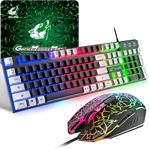 Gaming Farbblock Tastatur Und Maus Set, QWERTZ German Layout Regenbogen LED Hintergrundbeleuchtung Ergonomische Keyboard 6 Tasten 2400 DPI Maus und Mauspad, USB Verkabelt, Schwarz+Weiße Tastenkappen von ZIYOU LANG