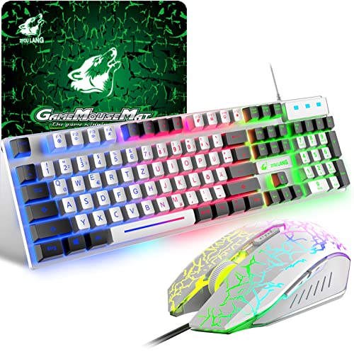 Gaming Farbblock Tastatur Und Maus Set, QWERTZ German Layout Regenbogen LED Hintergrundbeleuchtung Ergonomische Keyboard 6 Tasten 2400 DPI Maus und Mauspad, USB Verkabelt, Weiße+Schwarz Tastenkappen von ZIYOU LANG