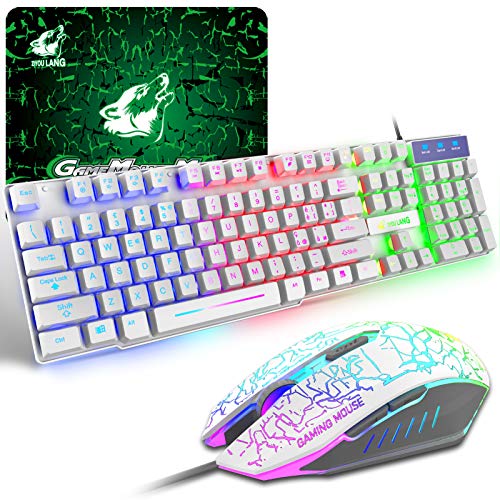 Gaming Tastatur Und Maus Set, Italienisches Layout QWERTY Regenbogen LED Hintergrundbeleuchtung Ergonomische Keyboard 6 Tasten 2400 DPI Maus und Mauspad, USB Verkabelt, Kompatibel mit PS4 Xbox, Weiß von ZIYOU LANG