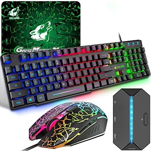 Gaming Tastatur und Maus Set mit Adapter, QWERTZ German Layout Farbbeleuchtung Keyboard 6 Tasten 2400 DPI Maus und Mauspad, USB Verkabelt Ergonomische Design Kompatibel mit PS4 Xbox Switch, Schwarz Gaming Tastatur und Maus Set mit Adapter, QWERTZ German Layout Farbbeleuchtung Keyboard 6 Tasten 2400 DPI Maus und Mauspad, USB Verkabelt Ergonomische Design Kompatibel mit PS4 Xbox Switch, Schwarz von ZIYOU LANG