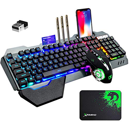 Kabellose Gaming-Tastatur und Maus mit Regenbogen-LED, 16RGB-Hintergrundbeleuchtung, wiederaufladbar, 4800 mAh Akku, Metallplatte, mechanisch, ergonomisches Gefühl, wasserdicht, staubdicht, 7 Farben, von ZIYOU LANG
