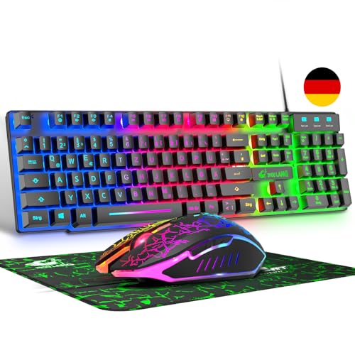QWERTZ Deutsches DE Layout Kabelgebundene Gaming Tastatur und Maus Set 104 tasten LED Regenbogen Farben Beleuchtete 2400 DPI 6-Tasten-Maus Tastatur und Maus kompatibel mit PC PS5 PS4 Xbox-Schwarze von ZIYOU LANG