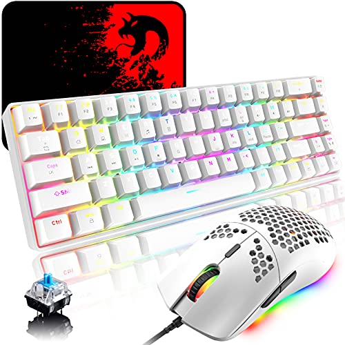 RGB Gaming Tastatur und Maus Set, 68 Tasten Blauer Schalter 60% Mini Chroma Mechanische Tastatur, 6400DPI Leichte Optische Waben Maus, USB-Kabel, Kompatibel mit Windows Mac PS4 Xbox, Weiß von ZIYOU LANG