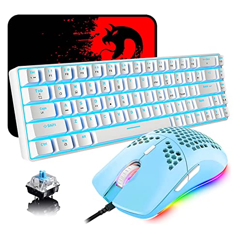 Tastatur und Maus Gaming Set, 68 Tasten Blauer Schalter 60% Mini Eisblaue Backlit Mechanische Tastatur Weiß, 6400DPI Leichte Programmierbar Maus Grün, USB-Kabel, Kompatibel mit Windows Mac PS4 von ZIYOU LANG