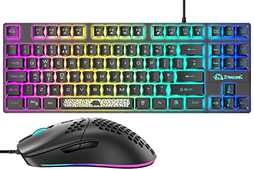 UK-Layout 80% Gaming-Tastatur und -Maus, kabelgebundene RGB-Tastatur mit mechanischem Gefühl + 6400 einstellbare DPI-Gaming-Maus, beleuchtete Tastenkappe, für PS4, PS5, Xbox, PC, Laptop, MAC (Blau) von ZIYOU LANG