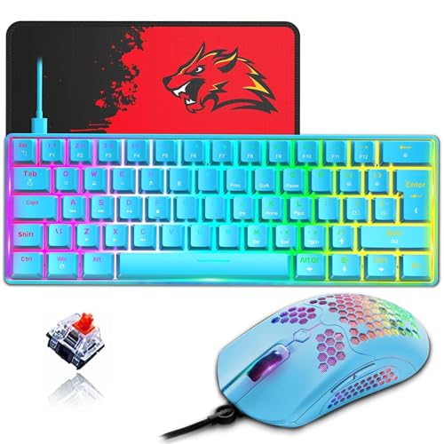 ZIYOU LANG 60% Compact RGB Gaming mechanische Tastatur Blau Set Combo - Rot Schalter - Mini QWERTY Layout Abnehmbares USB-C Kabel - 12000 DPI Bienenwabe Programmierung Maus für pc ps4 Xbox Tablet von ZIYOU LANG