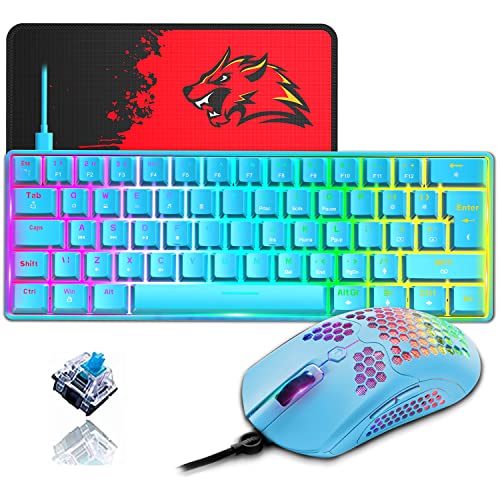 ZIYOU LANG 60% Compact RGB Gaming mechanische Tastatur Blauer Set Combo - Blauer Schalter - Mini QWERTY Layout Abnehmbares USB-C Kabel - 12000 DPI Bienenwabe Programmierung Maus für pc ps4 xBox tablet von ZIYOU LANG