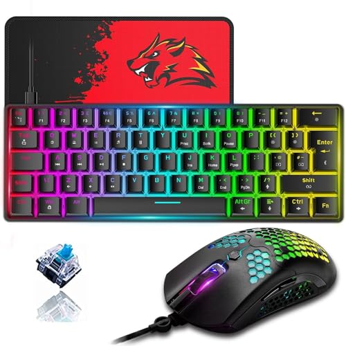 ZIYOU LANG 60% Compact RGB Gaming mechanische Tastatur Schwarz Set Combo - Blauer Schalter - Mini QWERTY Layout Abnehmbares USB-C Kabel- 12000 DPI Bienenwabe Programmierung Maus für pc ps4 xBox tablet von ZIYOU LANG