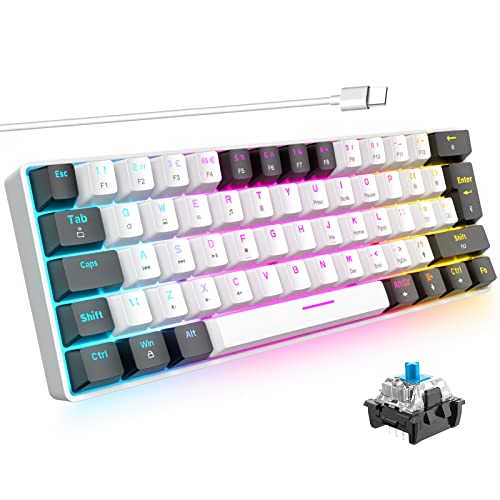 ZIYOU LANG 60% Mechanische Gaming Tastatur 62 Tasten Kompakte Mini Kabelgebundene Tastatur 18 RGB LED Beleuchtung Blaue Schalter Schwebenden Tastenkappen für Windows PC PS4 Xbox(Weiß&Schwarz) von ZIYOU LANG
