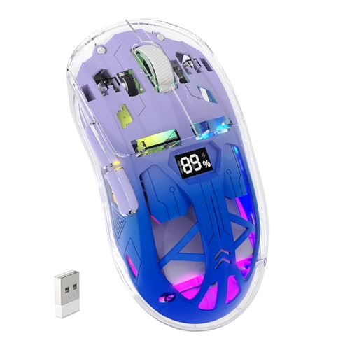ZIYOU LANG x FREEWOLF Kabellose Gaming Maus, PixArt PAW3212 Dual Mode 2.4G/Bluetooth Transparente RGB-Hintergrundbeleuchtungsmaus, 400 mAh Akku, 4000 DPI 5 Stufen, sichtbarer Akkustand – Lila von ZIYOU LANG