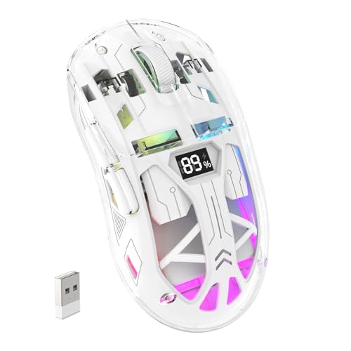 ZIYOU LANG x FREEWOLF Kabellose Gaming Maus, PixArt PAW3212 Dual Mode 2.4G/Bluetooth Transparente RGB-Hintergrundbeleuchtungsmaus, 400 mAh Akku, 4000 DPI 5 Stufen, sichtbarer Akkustand – Weiß von ZIYOU LANG