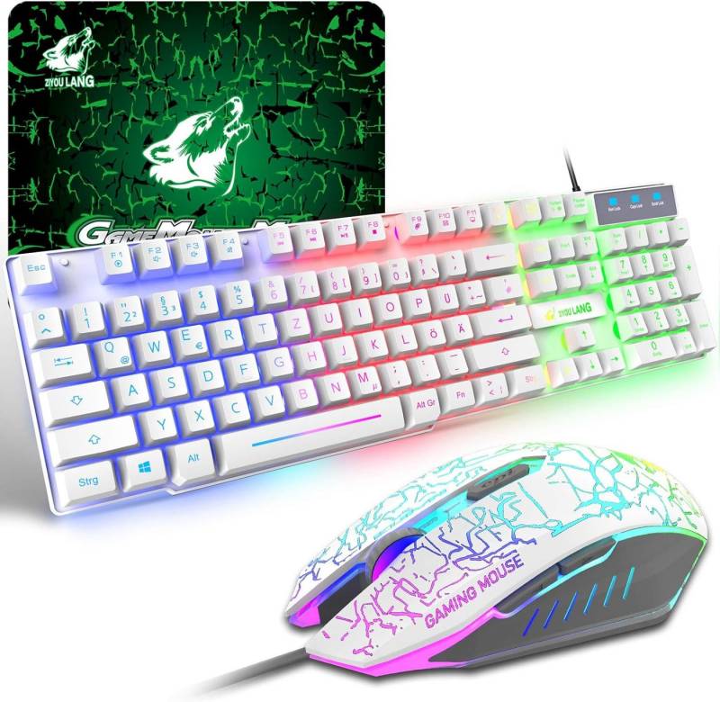 ZIYOU LANG Gaming Farbblock USB Verkabelt Tastatur- und Maus-Set, QWERTZ German Layout Regenbogen LED Hintergrundbeleuchtung von ZIYOU LANG