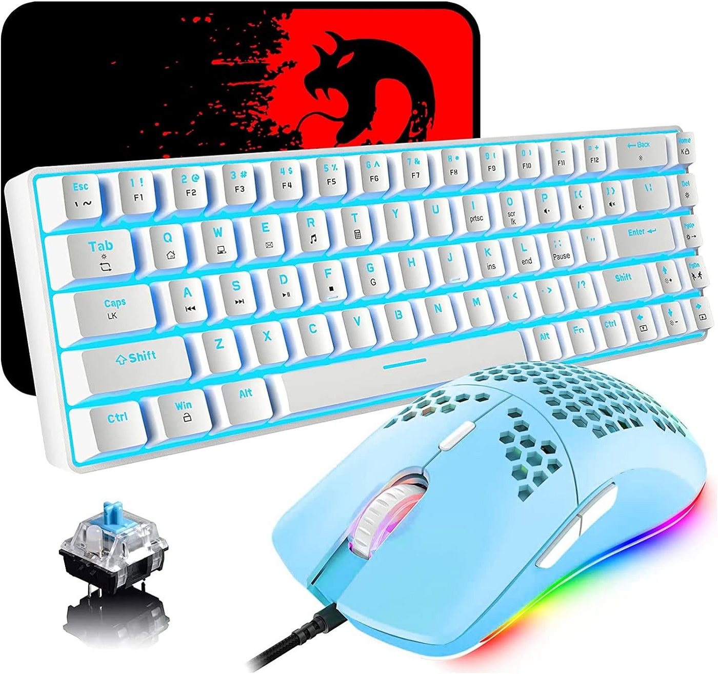 ZIYOU LANG Gaming Set, 68 Tasten Blauer Schalter 60% Mini Eisblaue Tastatur- und Maus-Set, 6400DPI Leichte Programmierbar MausGrünUSB-KabelKompatibel mit Windows von ZIYOU LANG