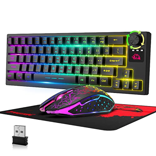 ZIYOU LANG T50 Kabelloses Gaming Tastatur und Maus Set, 4000mAh Rechargeable Halbmechanische Regenbogen Light Up Keyboard 60% Kompakte 64 Tasten, QWERTY+2400 DPI Mute Mäuse+Mauspad für PC Mac-Schwarz von ZIYOU LANG