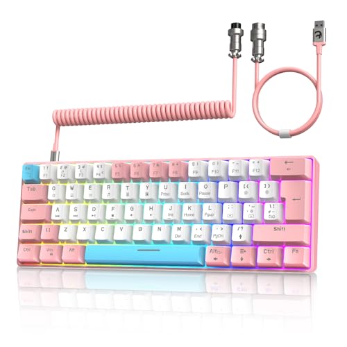 ZIYOU LANG T60 Wired Gaming-Tastatur mit Spiral USB-C Kabel - Kompakt 60% UK Layout(QWERTY) Mechanische Tastatur, 19 Rainbow RGB Backlit Mini 62 Tasten Klickender Blue Switch für PC/Mac - Rosa von ZIYOU LANG