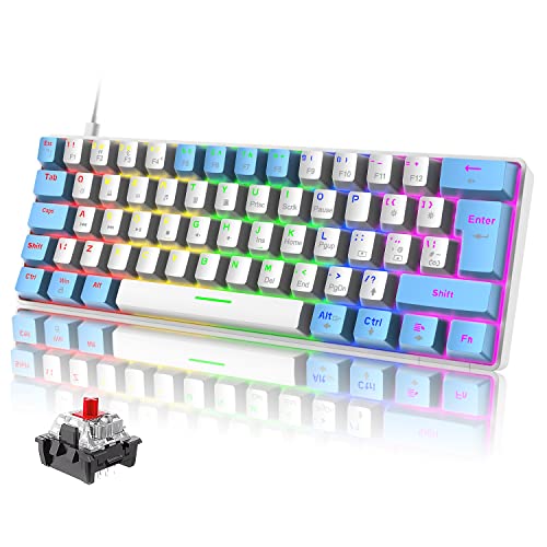 ZIYOU LANG T61 Portable 60% Gaming Mechanische Tastaturen mit Rote Schalter, 19 Rainbow Light up Keyboard, UK Layout USB-C Kabel Mini Kompakte 62 Tasten Anti-Ghosting für PC Mac PS4 Xbox-Weiß & Blau von ZIYOU LANG