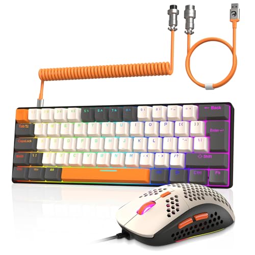 ZIYOU LANG Wired Gaming-Tastatur und Maus Combo mit Spiral USB-C Kabel T60 Pro - Kompakt 60% UK Layout(QWERTY) Mechanische Tastatur Brown Switch, 6400DPI Ultra-Light RGB Mäuse für PC/Mac - Milchtee von ZIYOU LANG