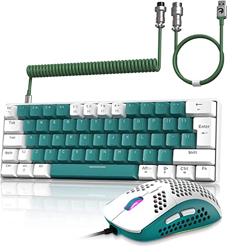ZIYOU LANG Wired Gaming-Tastatur und Maus Combo mit Spiral USB-C Kabel T60 Pro - Kompakt 60% UK Layout(QWERTY) Mechanische Tastatur Klicke Blue Switch, 6400DPI Ultra-Light RGB Mäuse für PC/Mac - Grün von ZIYOU LANG