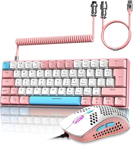 ZIYOU LANG Wired Gaming-Tastatur und Maus Combo mit Spiral USB-C Kabel T60 Pro - Kompakt 60% UK Layout(QWERTY) Mechanische Tastatur Klicke Blue Switch, 6400DPI Ultra-Light RGB Mäuse für PC/Mac - Rosa von ZIYOU LANG