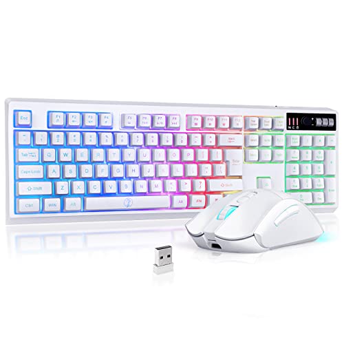 ZJFKSDYX C104 Kabelloses Gaming-Tastatur- und Maus-Set, LED-Hintergrundbeleuchtung, Wiederaufladbare Mechanische Gefühlstastatur und Ergonomische Maus für PC, Gaming-Konsole(Weiß) von ZJFKSDYX