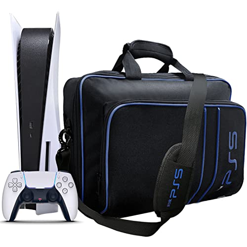 ZJRUI Tasche für PS5, Abriebfest Transporttasche für PS5 Konsole Disc/Digital Edition, Stoßfest PS5 Tragetasche mit Schultergurt für Tasche PS5 Konsole für PS5 Spielkarten/Knsole/Kabel - Schwarz Blau von ZJRUI