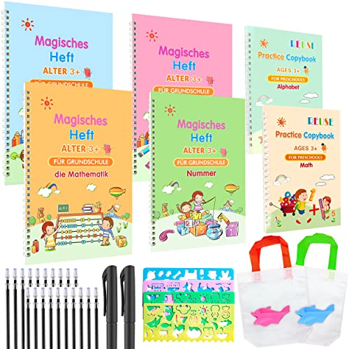 ZJTAPE 6 Stück Magisches Heft Deutsch Und Englisch - 26x18cm Magisches übungsheft deutsch mit Stift, Wiederverwendbares Übungsbuch, Heft Schreibhilfe, mit 20 Nachfüllungen + 2 Stift Übungsbücher Set. von ZJTAPE