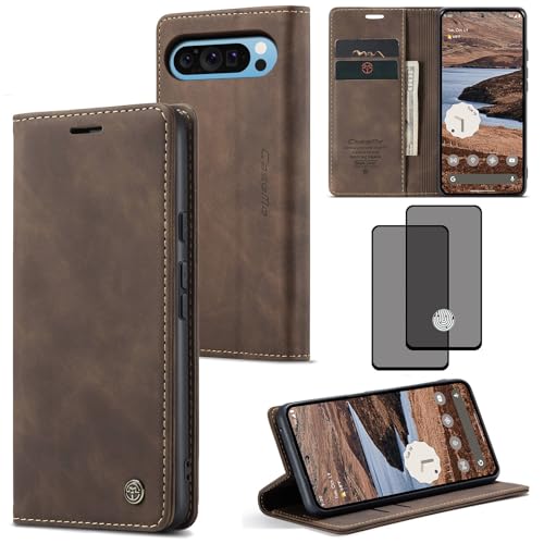 ZKGCG Kompatibel mit Google Pixel 9Pro XL Handyhülle[Kaffee] Leder Schutzhülle Wallet Klapphülle RFID Kartenfach Hülle Stoßfeste Bumper Ständer Phone Case Cover+HD Displayschutzfolie-2024 von ZKGCG