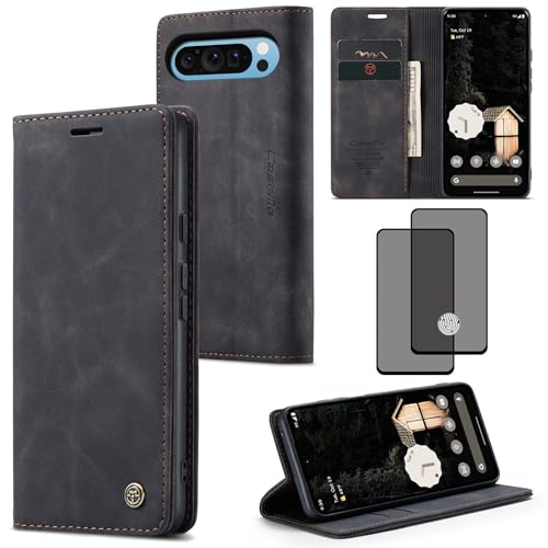 ZKGCG Kompatibel mit Google Pixel 9Pro XL Handyhülle[Schwarz] Leder Schutzhülle Wallet Klapphülle RFID Kartenfach Hülle Stoßfeste Bumper Ständer Phone Case Cover+HD Displayschutzfolie-2024 von ZKGCG