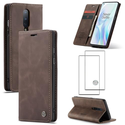 ZKGCG Kompatibel mit One Plus 8 Handyhülle[Kaffee] Leder Schutzhülle Wallet Klapphülle RFID Kartenfach Hülle Stoßfeste Bumper Ständer Phone Case Cover+HD Displayschutzfolie-2020 von ZKGCG