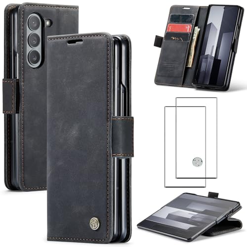 ZKGCG Kompatibel mit Samsung Galaxy Z Fold 6-5G Handyhülle[Schwarz] Leder Schutzhülle Wallet Klapphülle RFID Kartenfach Hülle Stoßfeste Bumper Ständer Phone Case Cover+HD Displayschutzfolie-2024 von ZKGCG
