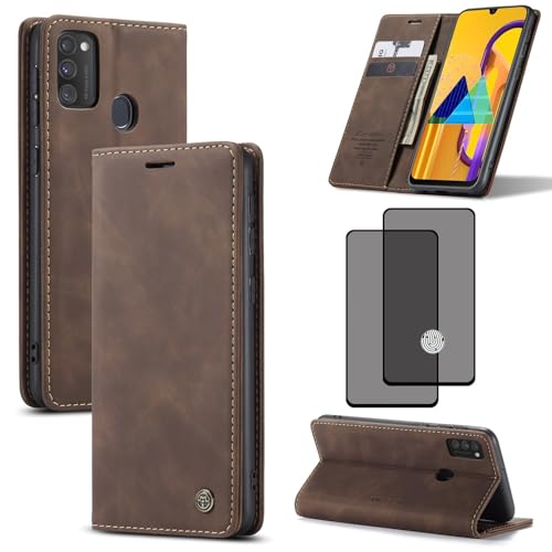 ZKGCG Kompatibel mit Samsung Galaxy M30S/M21/F41/M21S Handyhülle[Kaffee] Leder Schutzhülle Wallet Klapphülle RFID Kartenfach Hülle Stoßfeste Bumper Ständer Phone Case Cover+HD Displayschutzfolie-2019 von ZKGCG