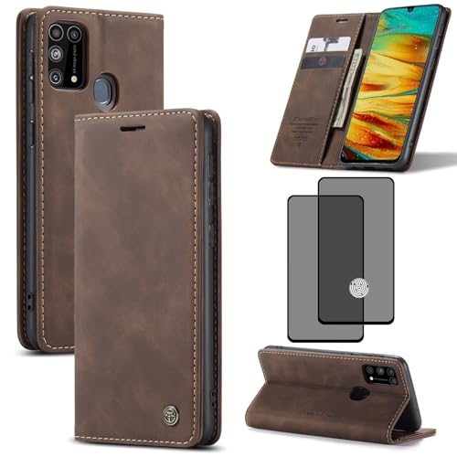 ZKGCG Kompatibel mit Samsung Galaxy M31 Handyhülle[Kaffee] Leder Schutzhülle Wallet Klapphülle RFID Kartenfach Hülle Stoßfeste Bumper Ständer Phone Case Cover+HD Displayschutzfolie-2020 von ZKGCG