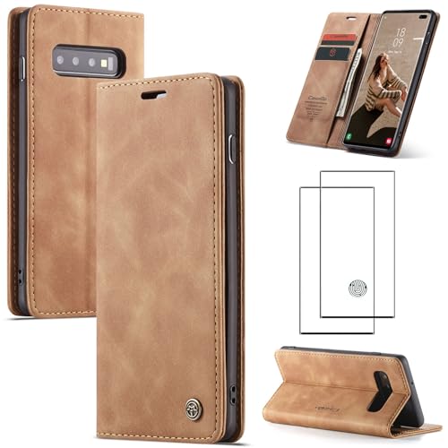 ZKGCG Kompatibel mit Samsung Galaxy S10 Plus Handyhülle[Braun] Leder Schutzhülle Wallet Klapphülle RFID Kartenfach Hülle Stoßfeste Bumper Ständer Phone Case Cover+HD Displayschutzfolie-2019 von ZKGCG