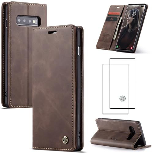 ZKGCG Kompatibel mit Samsung Galaxy S10 Plus Handyhülle[Kaffee] Leder Schutzhülle Wallet Klapphülle RFID Kartenfach Hülle Stoßfeste Bumper Ständer Phone Case Cover+HD Displayschutzfolie-2019 von ZKGCG