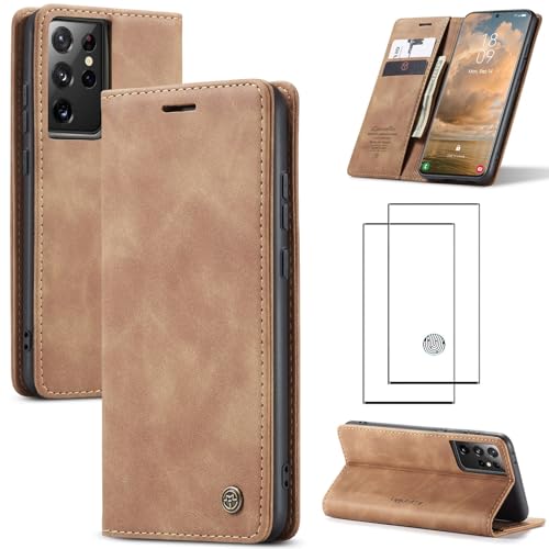 ZKGCG Kompatibel mit Samsung Galaxy S21 Ultra Handyhülle[Braun] Leder Schutzhülle Wallet Klapphülle RFID Kartenfach Hülle Stoßfeste Bumper Ständer Phone Case Cover+HD Displayschutzfolie-2021 von ZKGCG