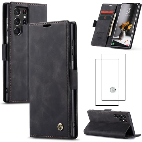 ZKGCG Kompatibel mit Samsung Galaxy S22 Ultra Handyhülle[Schwarz] Leder Schutzhülle Wallet Klapphülle RFID Kartenfach Hülle Stoßfeste Bumper Ständer Phone Case Cover+HD Displayschutzfolie-2022 von ZKGCG