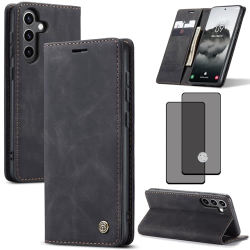 ZKGCG Kompatibel mit Samsung Galaxy S24 FE Handyhülle[Schwarz] Leder Schutzhülle Wallet Klapphülle RFID Kartenfach Hülle Stoßfeste Bumper Ständer Phone Case Cover+HD Displayschutzfolie-2024 von ZKGCG