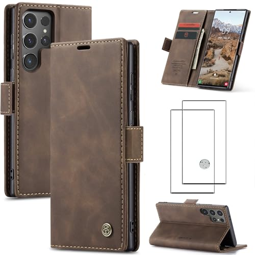 ZKGCG Kompatibel mit Samsung Galaxy S24 Ultra Handyhülle[Kaffee] Leder Schutzhülle Wallet Klapphülle RFID Kartenfach Hülle Stoßfeste Bumper Ständer Phone Case Cover+HD Displayschutzfolie-2024 von ZKGCG