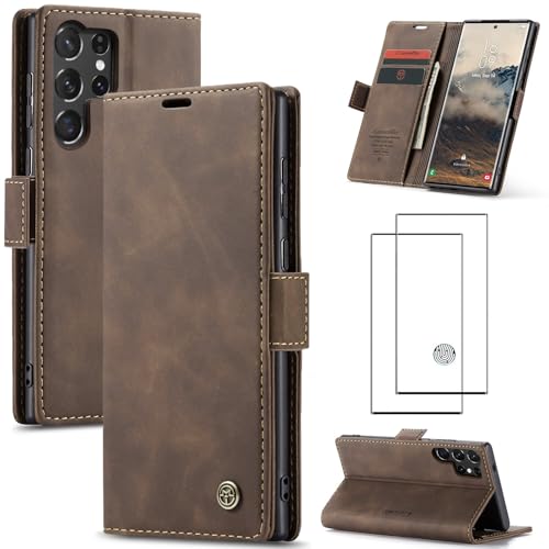 ZKGCG Kompatibel mit Samsung Galaxy S25 Ultra Handyhülle[Kaffee] Leder Schutzhülle Wallet Klapphülle RFID Kartenfach Hülle Stoßfeste Bumper Ständer Phone Case Cover+HD Displayschutzfolie-2025 von ZKGCG